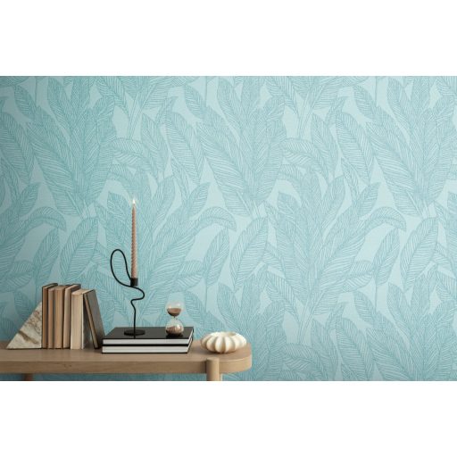 Frissesség és tengerparti nyugalom - visszafogott nagyformátumú pálmalevél minta karibi kék/vízkék kékeszöld és ezüst tónus tapéta