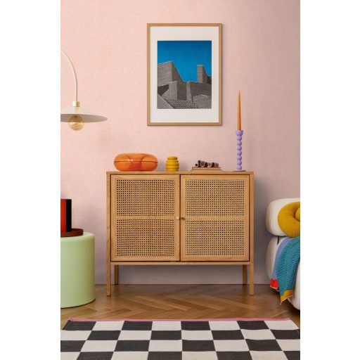 Szabálytalan foltok véletlenszerű szóródása textutált szövethatású minta barack-rózsaszín és arany tónus fémes hatás tapéta