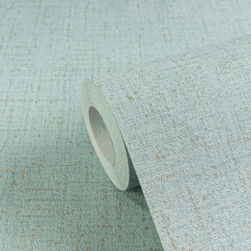 Szabálytalan foltok véletlenszerű szóródása textutált szövethatású minta halvány mentazöld és arany/aranybarna tónus fémes hatás tapéta