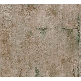   Az ipari sikk nagyágyúja! Kopott betonhatású minta varratnyomokkal földes barna hűvös szürke és zöld tónus tapéta