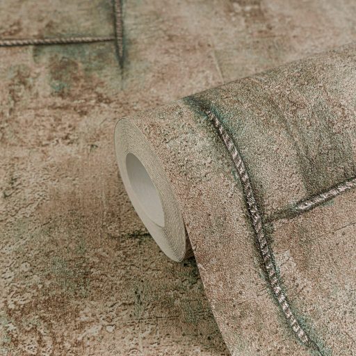 Az ipari sikk nagyágyúja! Kopott betonhatású minta varratnyomokkal földes barna hűvös szürke és zöld tónus tapéta