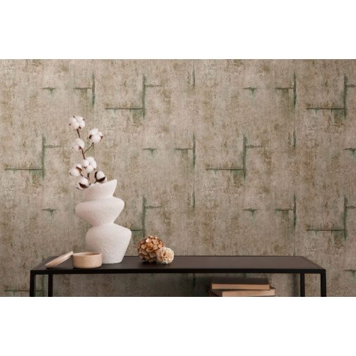 Az ipari sikk nagyágyúja! Kopott betonhatású minta varratnyomokkal földes barna hűvös szürke és zöld tónus tapéta