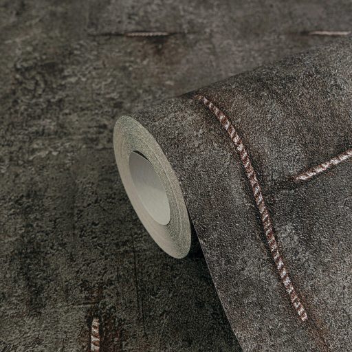 Az ipari sikk nagyágyúja! Kopott betonhatású minta varratnyomokkal sötét grafit antracit és barnás-narancs tónus tapéta