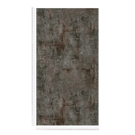 Az ipari sikk nagyágyúja! Kopott betonhatású minta varratnyomokkal sötét grafit antracit és barnás-narancs tónus tapéta