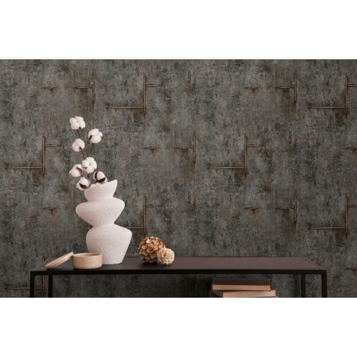 Az ipari sikk nagyágyúja! Kopott betonhatású minta varratnyomokkal sötét grafit antracit és barnás-narancs tónus tapéta