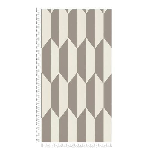 Geometrikus chevron minta kecses függőleges 3D vonulata meleg ezüstös-szürkésbarna és krémfehér tónus finom mintafény tapéta