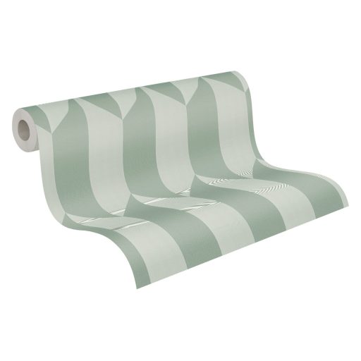 Geometrikus chevron minta kecses függőleges 3D vonulata lágy zsályazöld és krémfehér tónus finom mintafény tapéta