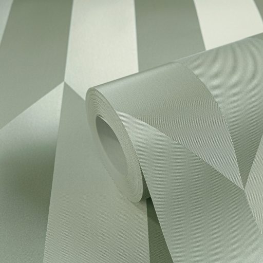 Geometrikus chevron minta kecses függőleges 3D vonulata lágy zsályazöld és krémfehér tónus finom mintafény tapéta