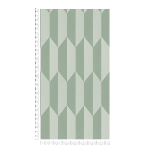 Geometrikus chevron minta kecses függőleges 3D vonulata lágy zsályazöld és krémfehér tónus finom mintafény tapéta
