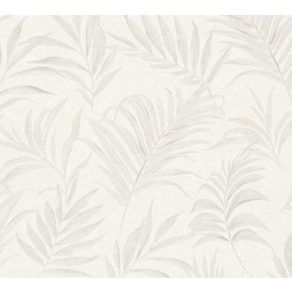   Egzotikus pasztell álom! Trópusi levelek akvarell mintájamonokróm fehér és szürkésfehér/világosszürke tónus finom fémes hatás tapéta