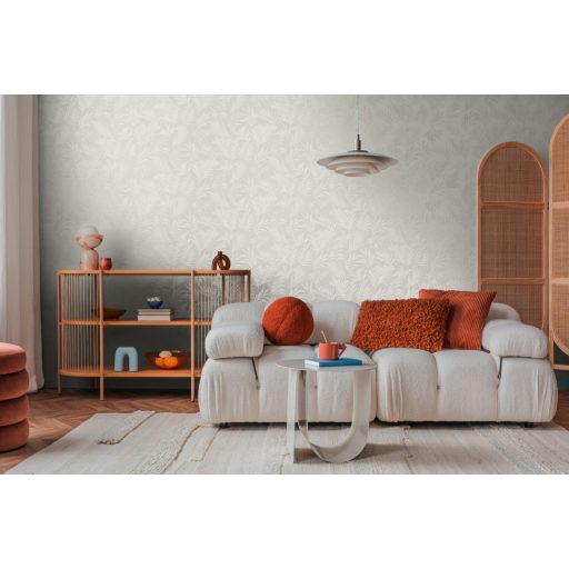 Egzotikus pasztell álom! Trópusi levelek akvarell mintájamonokróm fehér és szürkésfehér/világosszürke tónus finom fémes hatás tapéta