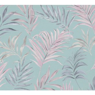   Egzotikus pasztell álom! Trópusi levelek akvarell mintája mentazöld pasztell rózsaszín és ezüstszürke tónus finom fémes hatás tapéta