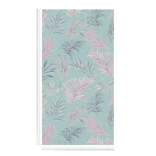 Egzotikus pasztell álom! Trópusi levelek akvarell mintája mentazöld pasztell rózsaszín és ezüstszürke tónus finom fémes hatás tapéta
