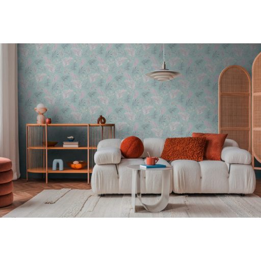 Egzotikus pasztell álom! Trópusi levelek akvarell mintája mentazöld pasztell rózsaszín és ezüstszürke tónus finom fémes hatás tapéta