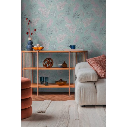Egzotikus pasztell álom! Trópusi levelek akvarell mintája mentazöld pasztell rózsaszín és ezüstszürke tónus finom fémes hatás tapéta