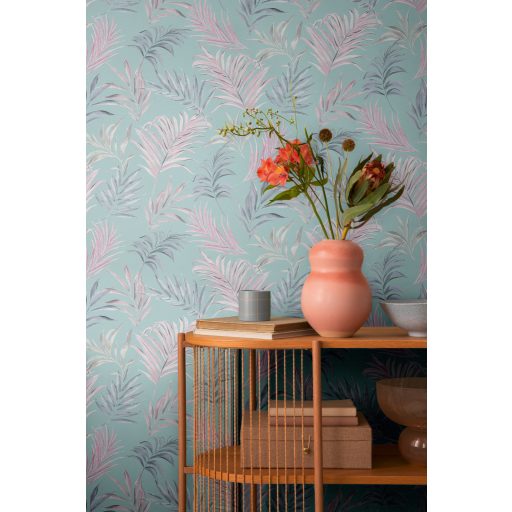 Egzotikus pasztell álom! Trópusi levelek akvarell mintája mentazöld pasztell rózsaszín és ezüstszürke tónus finom fémes hatás tapéta