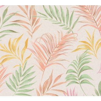   Egzotikus pasztell álom! Trópusi levelek akvarell mintája krémfehér barack rózsaszín sárga és mentazöld tónus finom fémes hatás tapéta