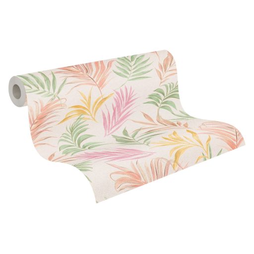 Egzotikus pasztell álom! Trópusi levelek akvarell mintája krémfehér barack rózsaszín sárga és mentazöld tónus finom fémes hatás tapéta