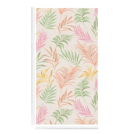 Egzotikus pasztell álom! Trópusi levelek akvarell mintája krémfehér barack rózsaszín sárga és mentazöld tónus finom fémes hatás tapéta