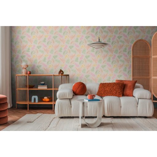 Egzotikus pasztell álom! Trópusi levelek akvarell mintája krémfehér barack rózsaszín sárga és mentazöld tónus finom fémes hatás tapéta