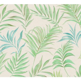   Egzotikus pasztell álom! Trópusi levelek akvarell mintája krémfehér lime menta és türkiz tónus finom fémes hatás tapéta