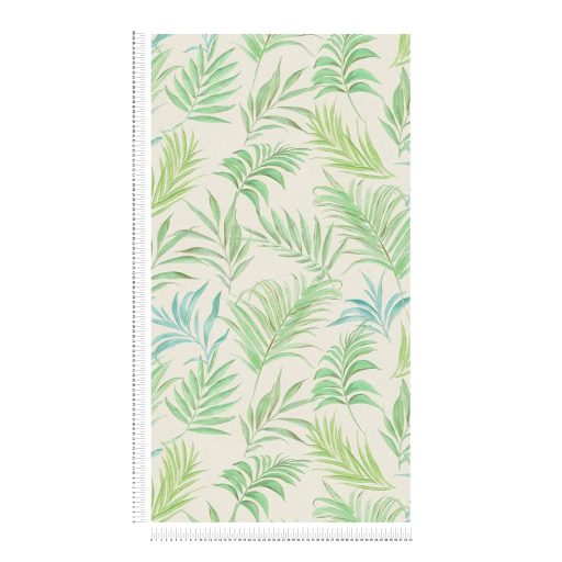 Egzotikus pasztell álom! Trópusi levelek akvarell mintája krémfehér lime menta és türkiz tónus finom fémes hatás tapéta