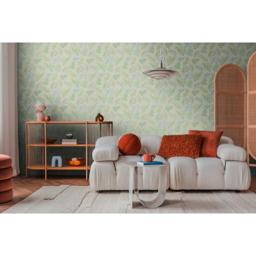 Egzotikus pasztell álom! Trópusi levelek akvarell mintája krémfehér lime menta és türkiz tónus finom fémes hatás tapéta