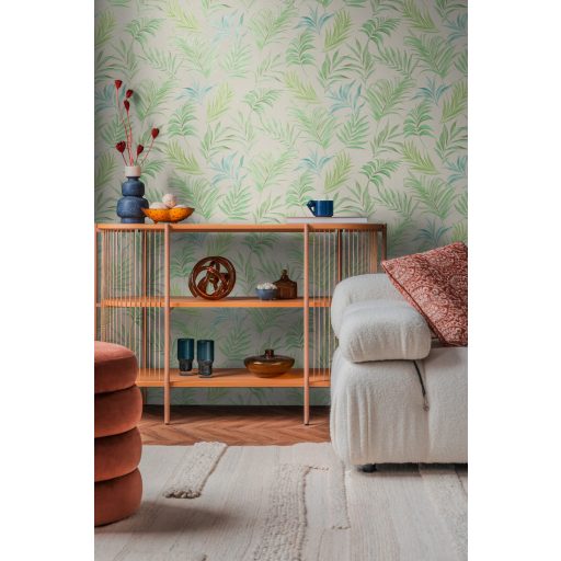 Egzotikus pasztell álom! Trópusi levelek akvarell mintája krémfehér lime menta és türkiz tónus finom fémes hatás tapéta