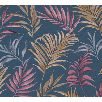   Egzotikus pasztell álom! Trópusi levelek akvarell mintája sötétkék rózsaszín karamell ezüstszürke és arany tónus finom fémes hatás tapéta