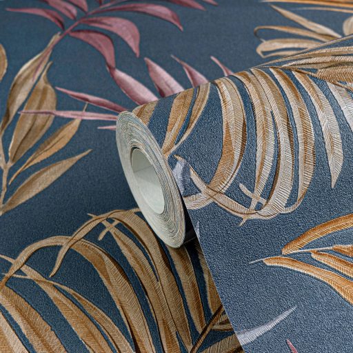 Egzotikus pasztell álom! Trópusi levelek akvarell mintája sötétkék rózsaszín karamell ezüstszürke és arany tónus finom fémes hatás tapéta