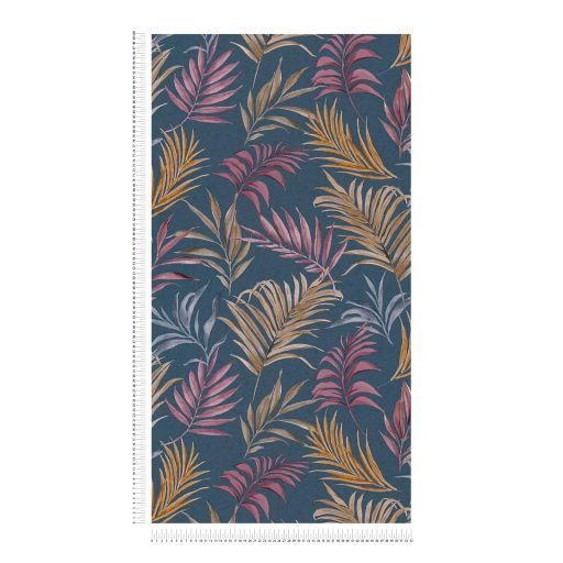 Egzotikus pasztell álom! Trópusi levelek akvarell mintája sötétkék rózsaszín karamell ezüstszürke és arany tónus finom fémes hatás tapéta