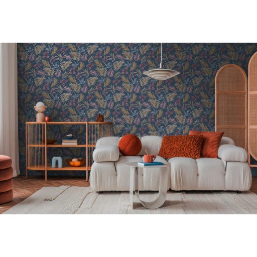 Egzotikus pasztell álom! Trópusi levelek akvarell mintája sötétkék rózsaszín karamell ezüstszürke és arany tónus finom fémes hatás tapéta