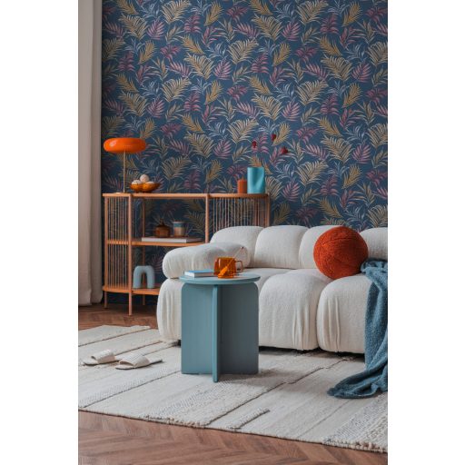 Egzotikus pasztell álom! Trópusi levelek akvarell mintája sötétkék rózsaszín karamell ezüstszürke és arany tónus finom fémes hatás tapéta