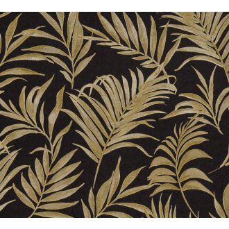   Egzotikus pasztell álom! Trópusi levelek akvarell mintája fekete és csillogó arany tónus finom fémes hatás tapéta