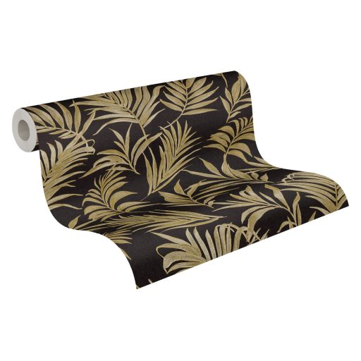 Egzotikus pasztell álom! Trópusi levelek akvarell mintája fekete és csillogó arany tónus finom fémes hatás tapéta