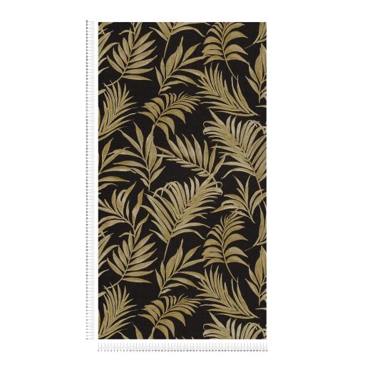 Egzotikus pasztell álom! Trópusi levelek akvarell mintája fekete és csillogó arany tónus finom fémes hatás tapéta