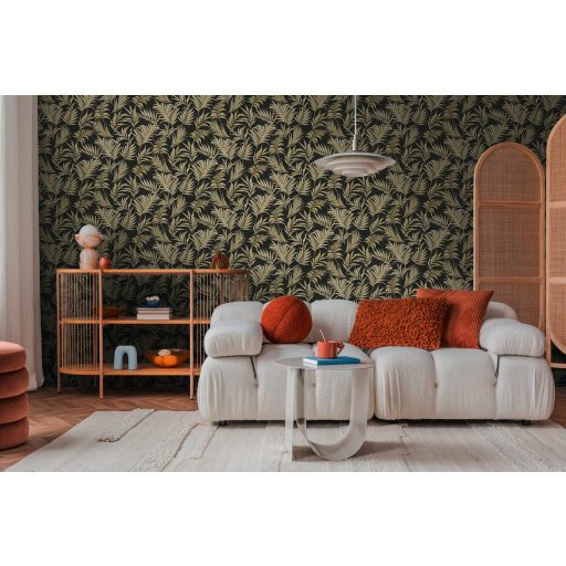 Egzotikus pasztell álom! Trópusi levelek akvarell mintája fekete és csillogó arany tónus finom fémes hatás tapéta