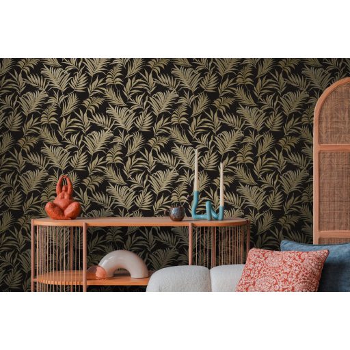 Egzotikus pasztell álom! Trópusi levelek akvarell mintája fekete és csillogó arany tónus finom fémes hatás tapéta