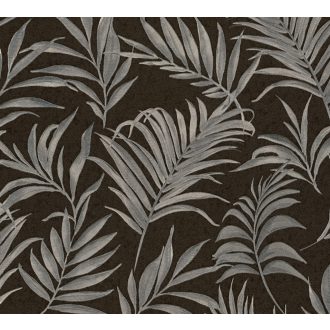   Egzotikus pasztell álom! Trópusi levelek akvarell mintája sötétbarna/antracit és ezüstszürke tónus finom fémes hatás tapéta