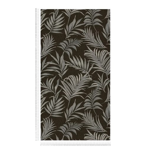 Egzotikus pasztell álom! Trópusi levelek akvarell mintája sötétbarna/antracit és ezüstszürke tónus finom fémes hatás tapéta