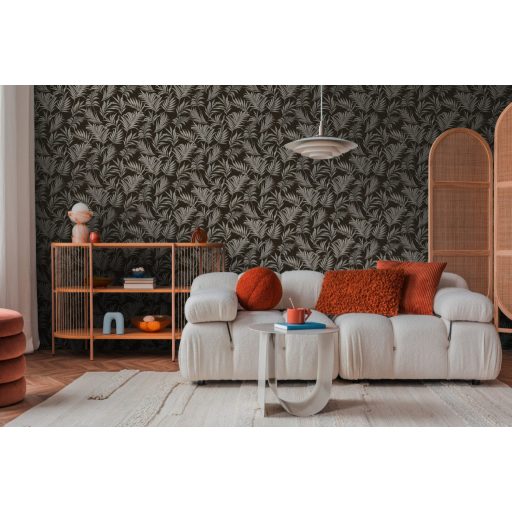 Egzotikus pasztell álom! Trópusi levelek akvarell mintája sötétbarna/antracit és ezüstszürke tónus finom fémes hatás tapéta