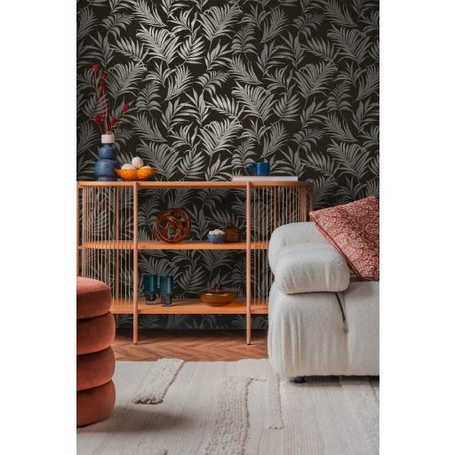Egzotikus pasztell álom! Trópusi levelek akvarell mintája sötétbarna/antracit és ezüstszürke tónus finom fémes hatás tapéta