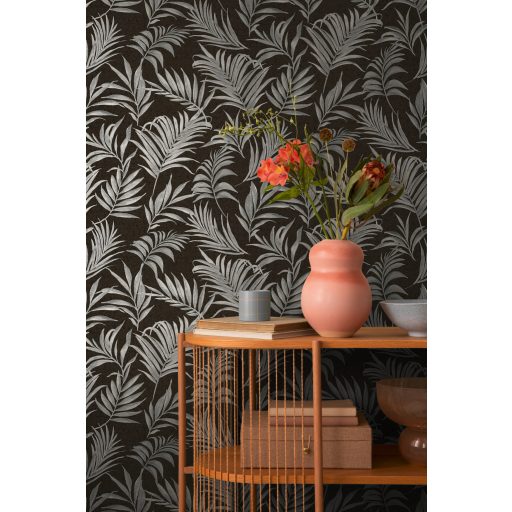 Egzotikus pasztell álom! Trópusi levelek akvarell mintája sötétbarna/antracit és ezüstszürke tónus finom fémes hatás tapéta