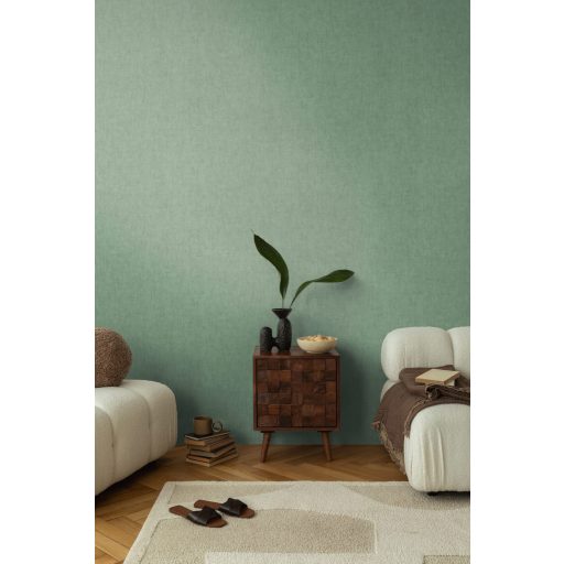 Keresztbe futó (ecset) vonásokkal kialakított lenvászon minta lágy zöld/szürkészöld tónus tapéta