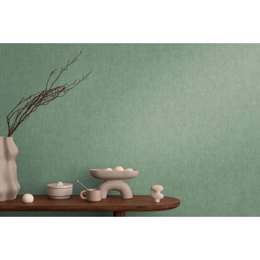 Keresztbe futó (ecset) vonásokkal kialakított lenvászon minta lágy zöld/szürkészöld tónus tapéta