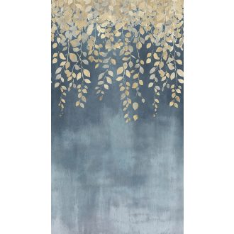   Aranyló akácágak lebegése művészi felfogásban acélkék szürkéskék pezsgőszín és arany tónus falpanel