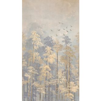   A reggeli köd misztikuma - festői tájkép napsütötte okker fák melegével galambszürke fáradt kék bézs és okker tónus falpanel