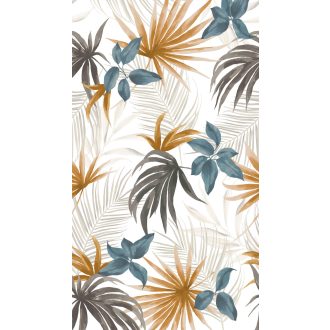   Trópusi növények rétegzett akvarell hatású kompozíciója fehér petrolkék okker grafitszürke krém és arany tónus falpanel