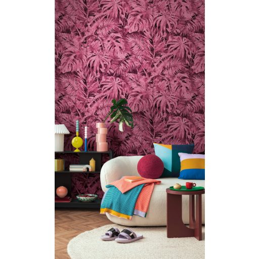 Dzsungel energiabomba monokróm trópusi levélmintával mély bíbor és fuchsia tónus falpanel