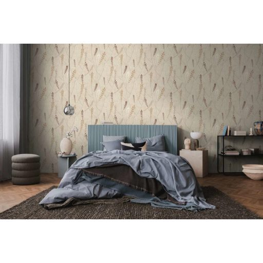 A természet költőisége - nemes és letisztult levélmotívum krém bézs karamell fehér és bordó tónus tapéta